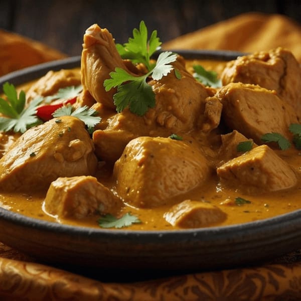 Close-up of Everest Restaurant's Indian chicken curry, garnished with fresh cilantro and red chili.