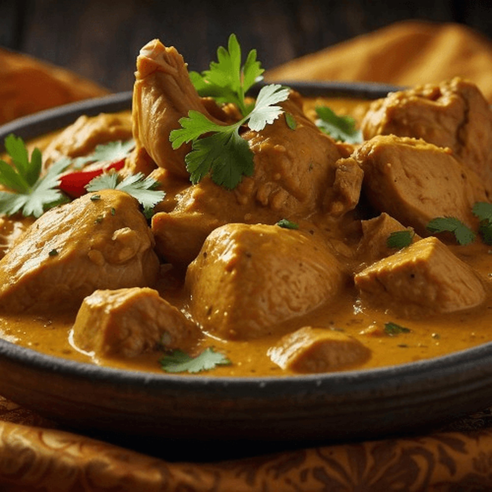 Close-up of Everest Restaurant's Indian chicken curry, garnished with fresh cilantro and red chili.