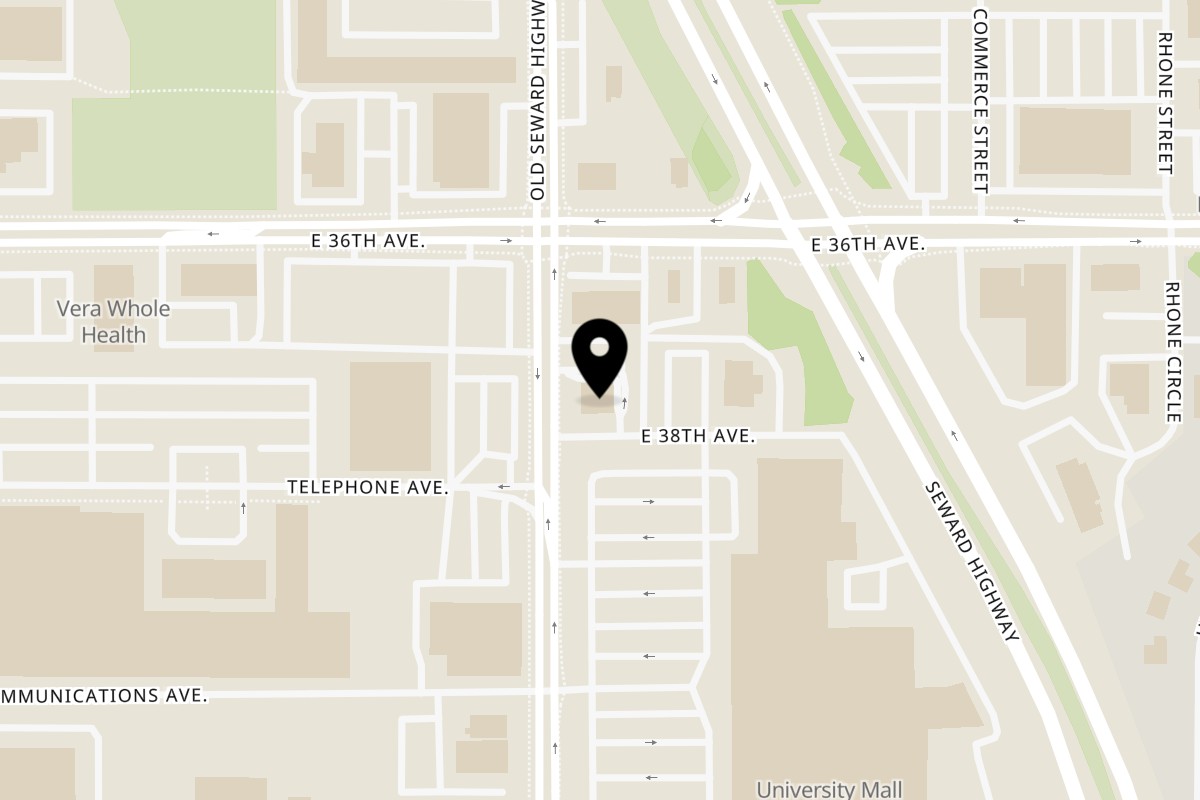 Map showing the location of Everest Restaurant on 3637 Old Seward Hwy in Anchorage